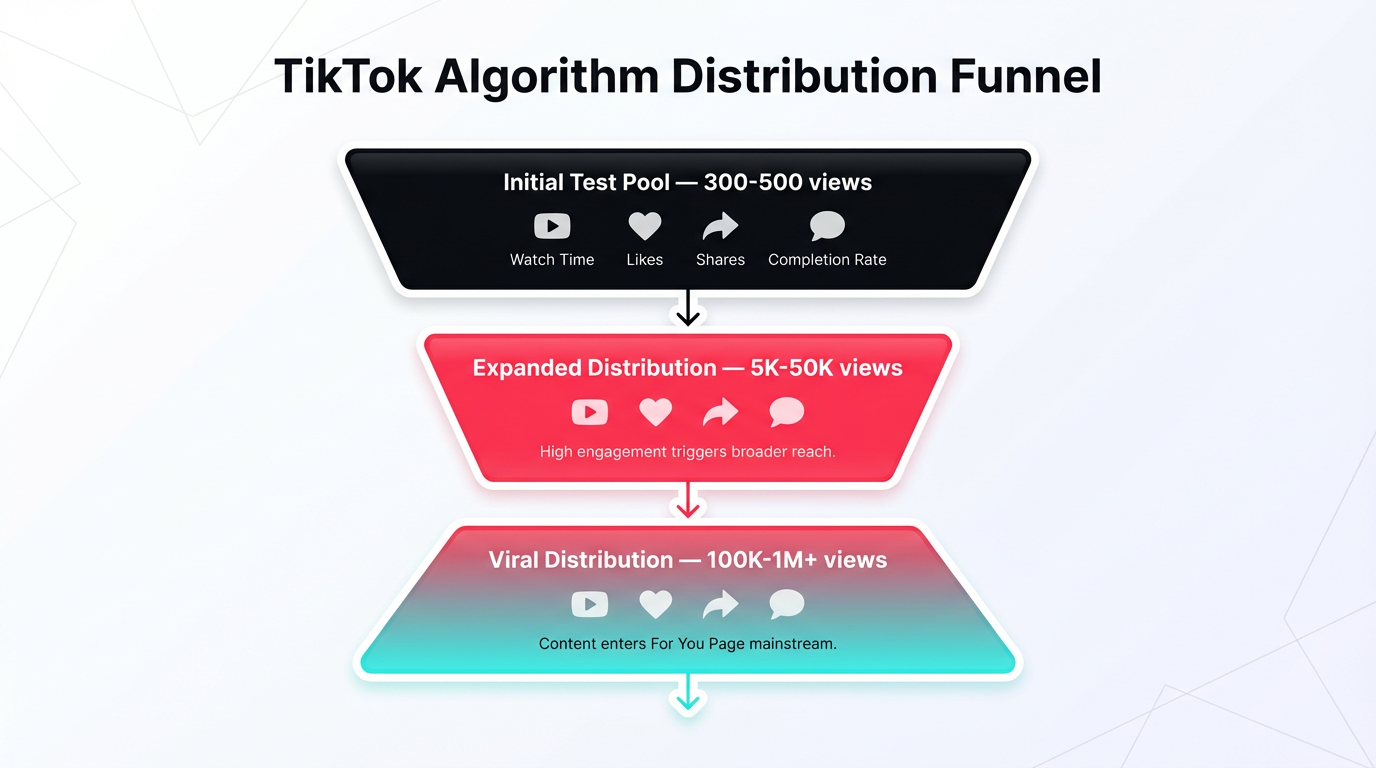 TikTok Algorithm Distribution Funnel — from 300 views to millions